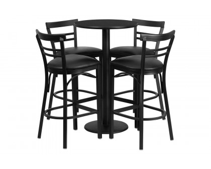 BLNK Jamie Round Laminate Table Set with Round Base and 4 Two-Slat Ladder Back Metal Bar Stools with Black Vinyl Seat