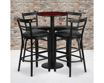 BLNK Jamie Round Laminate Table Set with Round Base and 4 Two-Slat Ladder Back Metal Bar Stools with Black Vinyl Seat - Mahogany