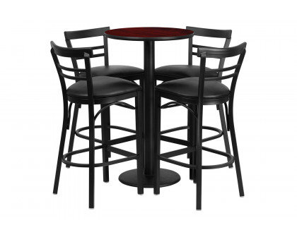 BLNK Jamie Round Laminate Table Set with Round Base and 4 Two-Slat Ladder Back Metal Bar Stools with Black Vinyl Seat