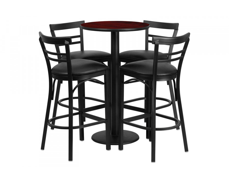 BLNK Jamie Round Laminate Table Set with Round Base and 4 Two-Slat Ladder Back Metal Bar Stools with Black Vinyl Seat - Mahogany