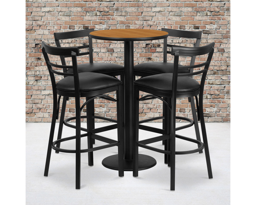 BLNK Jamie Round Laminate Table Set with Round Base and 4 Two-Slat Ladder Back Metal Bar Stools with Black Vinyl Seat - Natural