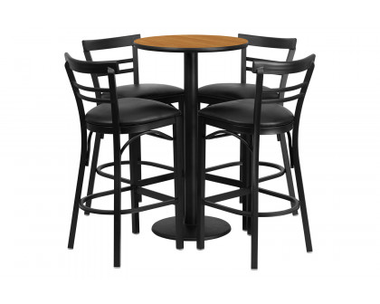 BLNK Jamie Round Laminate Table Set with Round Base and 4 Two-Slat Ladder Back Metal Bar Stools with Black Vinyl Seat - Natural