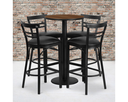 BLNK Jamie Round Laminate Table Set with Round Base and 4 Two-Slat Ladder Back Metal Bar Stools with Black Vinyl Seat