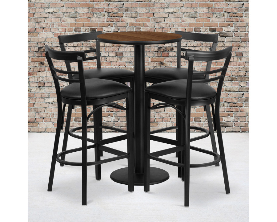 BLNK Jamie Round Laminate Table Set with Round Base and 4 Two-Slat Ladder Back Metal Bar Stools with Black Vinyl Seat - Walnut