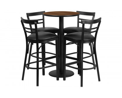 BLNK Jamie Round Laminate Table Set with Round Base and 4 Two-Slat Ladder Back Metal Bar Stools with Black Vinyl Seat - Walnut