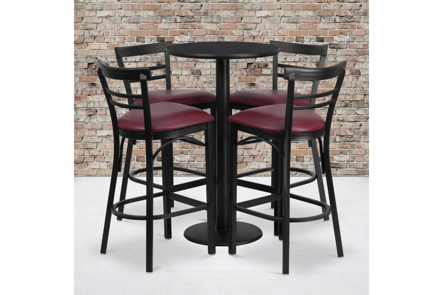 BLNK™ Jamie Round Laminate Table Set with Round Base and 4 Two-Slat Ladder Back Metal Bar Stools with Burgundy Vinyl Seat - Black