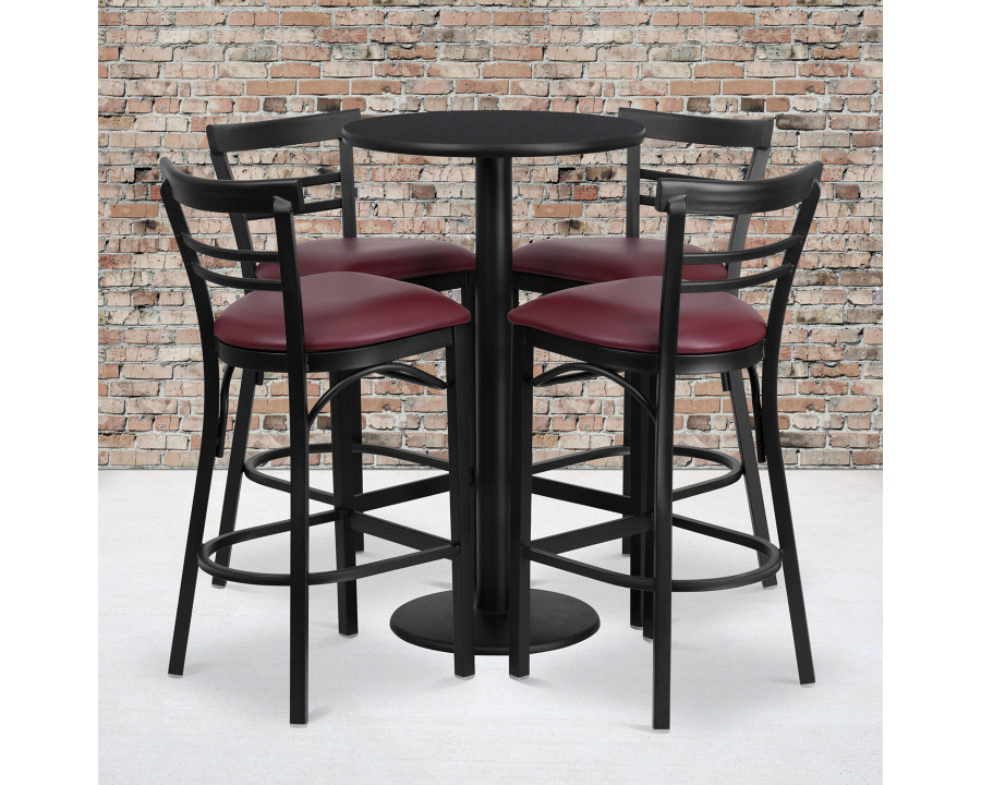 BLNK Jamie Round Laminate Table Set with Round Base and 4 Two-Slat Ladder Back Metal Bar Stools with Burgundy Vinyl Seat - Black