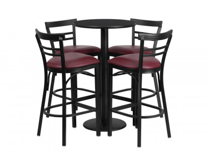 BLNK™ Jamie Round Laminate Table Set with Round Base and 4 Two-Slat Ladder Back Metal Bar Stools with Burgundy Vinyl Seat - Black