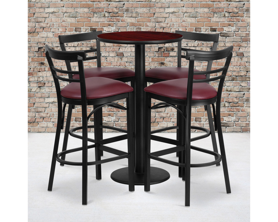 BLNK Jamie Round Laminate Table Set with Round Base and 4 Two-Slat Ladder Back Metal Bar Stools with Burgundy Vinyl Seat - Mahogany