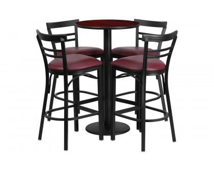 BLNK™ Jamie Round Laminate Table Set with Round Base and 4 Two-Slat Ladder Back Metal Bar Stools with Burgundy Vinyl Seat - Mahogany