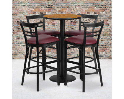 BLNK Jamie Round Laminate Table Set with Round Base and 4 Two-Slat Ladder Back Metal Bar Stools with Burgundy Vinyl Seat