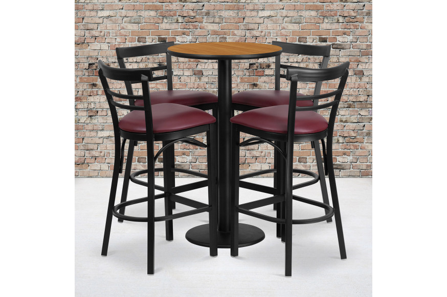 BLNK™ Jamie Round Laminate Table Set with Round Base and 4 Two-Slat Ladder Back Metal Bar Stools with Burgundy Vinyl Seat - Natural