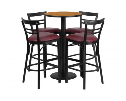 BLNK™ Jamie Round Laminate Table Set with Round Base and 4 Two-Slat Ladder Back Metal Bar Stools with Burgundy Vinyl Seat - Natural