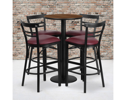 BLNK Jamie Round Laminate Table Set with Round Base and 4 Two-Slat Ladder Back Metal Bar Stools with Burgundy Vinyl Seat