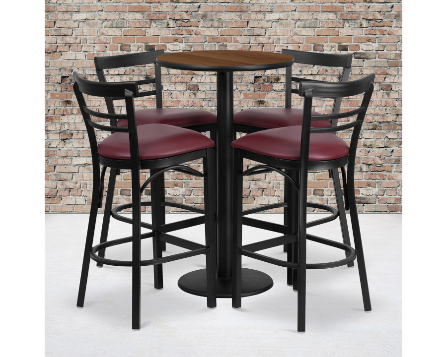 BLNK Jamie Round Laminate Table Set with Round Base and 4 Two-Slat Ladder Back Metal Bar Stools with Burgundy Vinyl Seat - Walnut