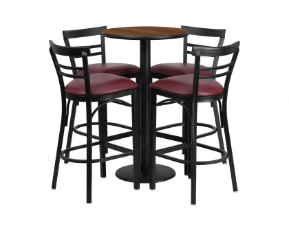 BLNK Jamie Round Laminate Table Set with Round Base and 4 Two-Slat Ladder Back Metal Bar Stools with Burgundy Vinyl Seat - Walnut