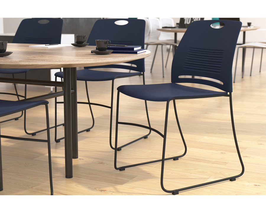 BLNK HERCULES Series Commercial Plastic Stack Chair with Black Powder Coated Sled Base Frame and Integrated Carrying Handle - Navy