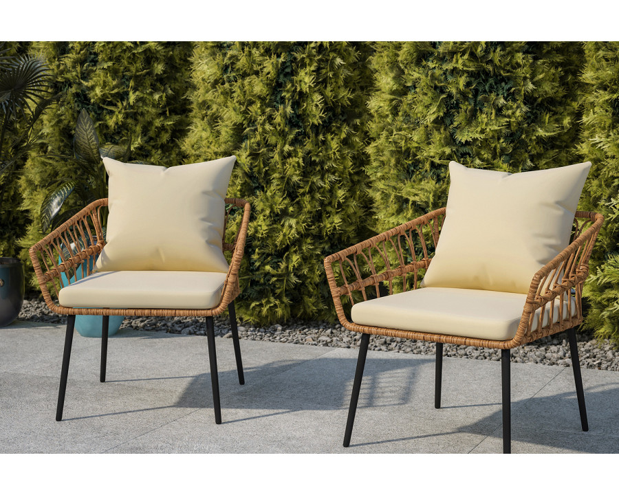 BLNK Evin Indoor-Outdoor Boho Rope Rattan Wicker Patio Chairs with All-Weather Cushions Set of 2 - Cream