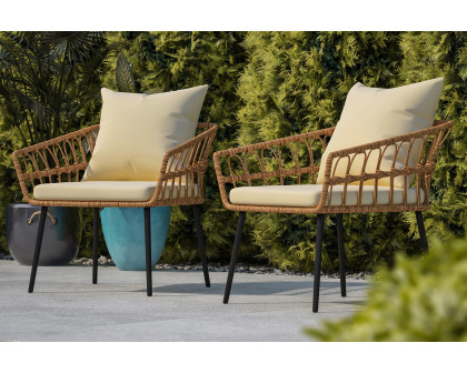 BLNK Evin Indoor-Outdoor Boho Rope Rattan Wicker Patio Chairs with All-Weather Cushions Set of 2 - Cream