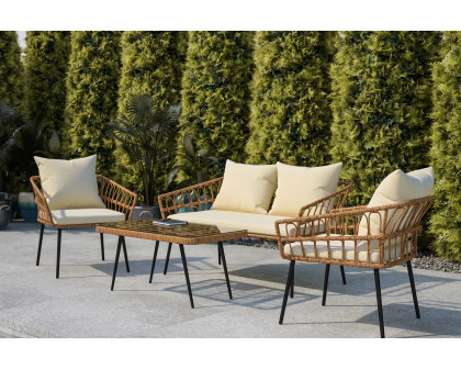 BLNK Evin Boho Indoor/Outdoor Rope Rattan Patio Conversation Set with Tempered Glass Top Coffee Table and Cushions 4 Piece - Cream