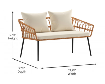 BLNK Evin Boho Indoor/Outdoor Rope Rattan Patio Conversation Set with Tempered Glass Top Coffee Table and Cushions 4 Piece - Cream