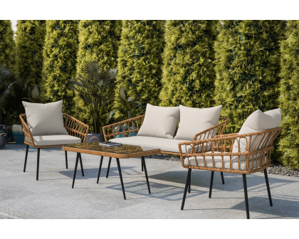 BLNK Evin Boho Indoor/Outdoor Rope Rattan Patio Conversation Set with Tempered Glass Top Coffee Table and Cushions 4 Piece - Gray