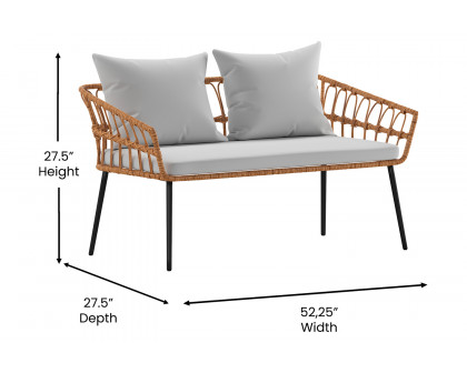 BLNK Evin Boho Indoor/Outdoor Rope Rattan Patio Conversation Set with Tempered Glass Top Coffee Table and Cushions 4 Piece - Gray