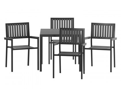 BLNK - Harris Commercial Indoor/Outdoor Table and Chairs with Black Poly Resin Slatted Backs and Seats 5 Piece