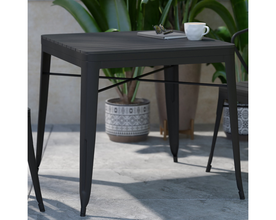 BLNK - Helvey Commercial Indoor-Outdoor Square Steel Patio Dining Table for 4 with Black Poly Resin Slatted Top