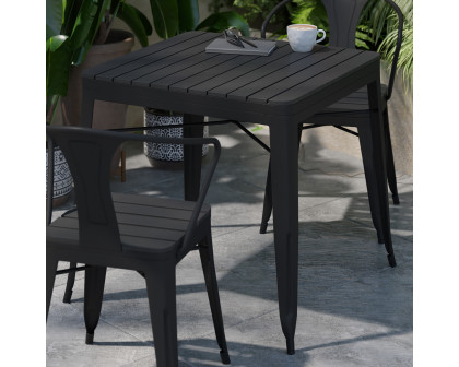 BLNK - Helvey Commercial Indoor-Outdoor Square Steel Patio Dining Table for 4 with Black Poly Resin Slatted Top