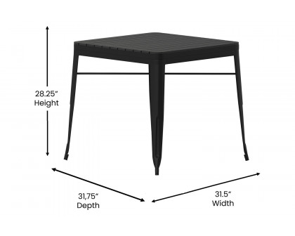 BLNK - Helvey Commercial Indoor-Outdoor Square Steel Patio Dining Table for 4 with Black Poly Resin Slatted Top