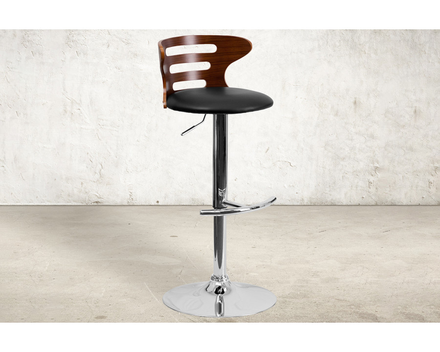 BLNK - Gallahan Walnut Bentwood Adjustable Height Bar Stool with Three Slot Cutout Back and Black Vinyl Seat