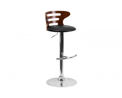 BLNK - Gallahan Walnut Bentwood Adjustable Height Bar Stool with Three Slot Cutout Back and Black Vinyl Seat