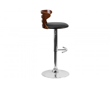 BLNK - Gallahan Walnut Bentwood Adjustable Height Bar Stool with Three Slot Cutout Back and Black Vinyl Seat