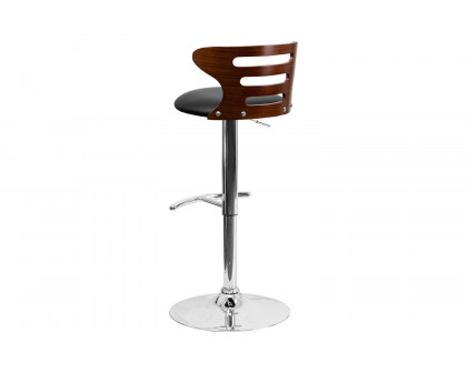 BLNK - Gallahan Walnut Bentwood Adjustable Height Bar Stool with Three Slot Cutout Back and Black Vinyl Seat