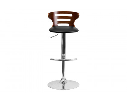 BLNK - Gallahan Walnut Bentwood Adjustable Height Bar Stool with Three Slot Cutout Back and Black Vinyl Seat