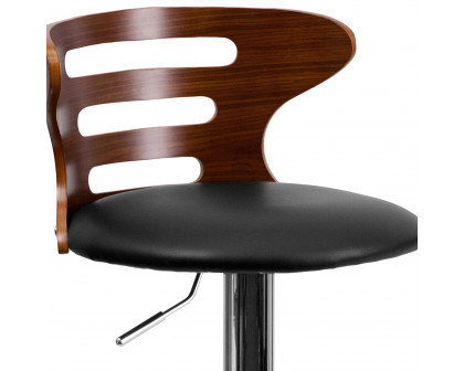 BLNK - Gallahan Walnut Bentwood Adjustable Height Bar Stool with Three Slot Cutout Back and Black Vinyl Seat