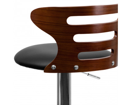 BLNK - Gallahan Walnut Bentwood Adjustable Height Bar Stool with Three Slot Cutout Back and Black Vinyl Seat