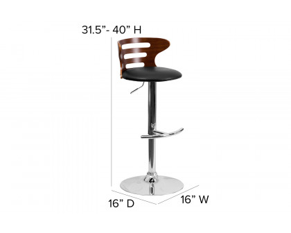 BLNK - Gallahan Walnut Bentwood Adjustable Height Bar Stool with Three Slot Cutout Back and Black Vinyl Seat