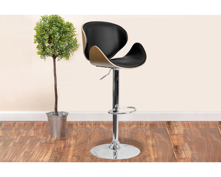 BLNK Farley Bentwood Adjustable Height Bar Stool with Curved Back and Black Vinyl Seat