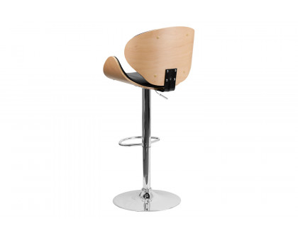 BLNK Farley Bentwood Adjustable Height Bar Stool with Curved Back and Black Vinyl Seat - Beech