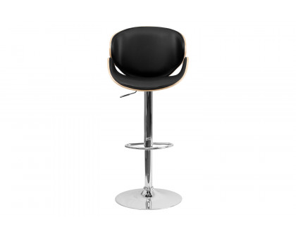 BLNK Farley Bentwood Adjustable Height Bar Stool with Curved Back and Black Vinyl Seat - Beech