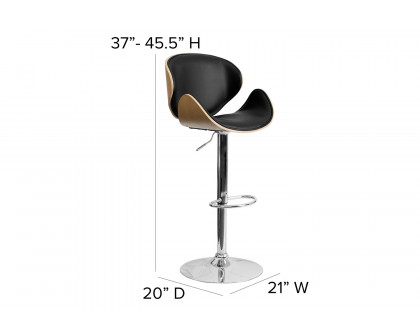 BLNK Farley Bentwood Adjustable Height Bar Stool with Curved Back and Black Vinyl Seat - Beech