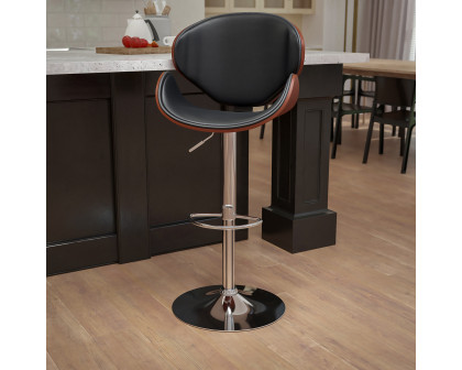 BLNK Farley Bentwood Adjustable Height Bar Stool with Curved Back and Black Vinyl Seat