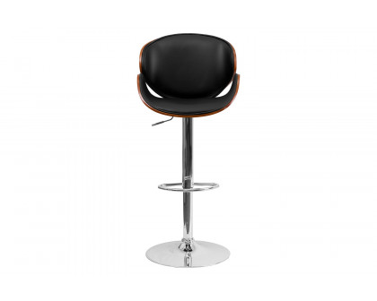 BLNK Farley Bentwood Adjustable Height Bar Stool with Curved Back and Black Vinyl Seat - Walnut