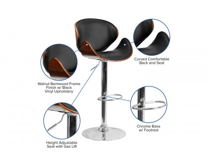 BLNK Farley Bentwood Adjustable Height Bar Stool with Curved Back and Black Vinyl Seat - Walnut