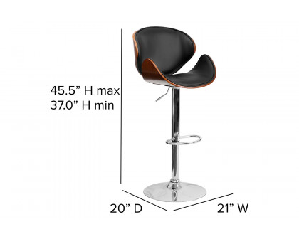 BLNK Farley Bentwood Adjustable Height Bar Stool with Curved Back and Black Vinyl Seat - Walnut