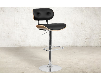 BLNK Magnus Bentwood Adjustable Height Bar Stool with Button Tufted Black Vinyl Seat