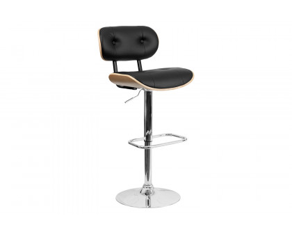 BLNK Magnus Bentwood Adjustable Height Bar Stool with Button Tufted Black Vinyl Seat - Beech