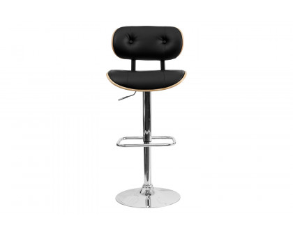 BLNK Magnus Bentwood Adjustable Height Bar Stool with Button Tufted Black Vinyl Seat - Beech